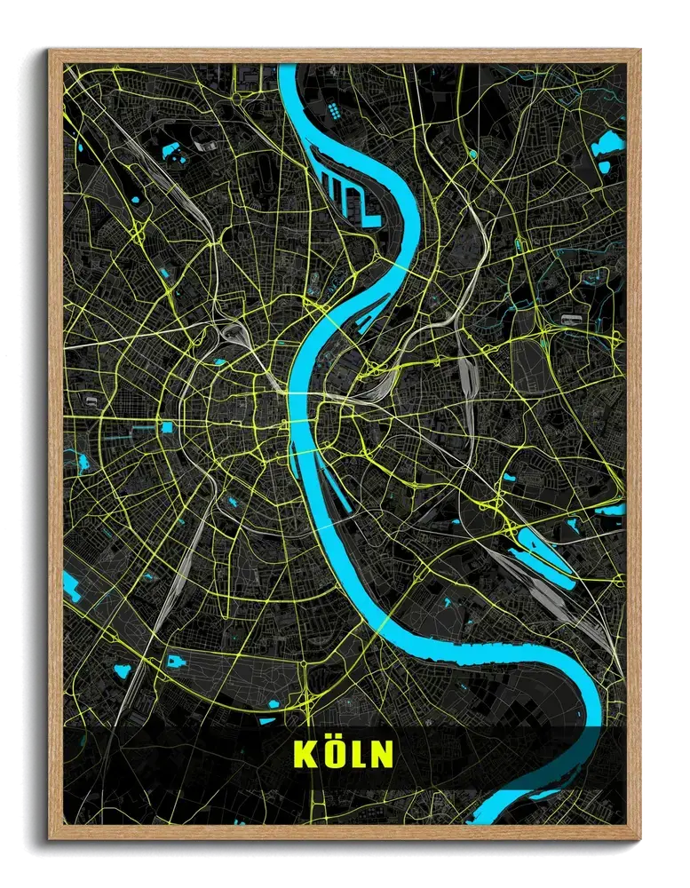 Stadtkarte von Köln im Naturholzrahmen mit türkisblauem Rhein und neongelben Straßen auf schwarzem Grund