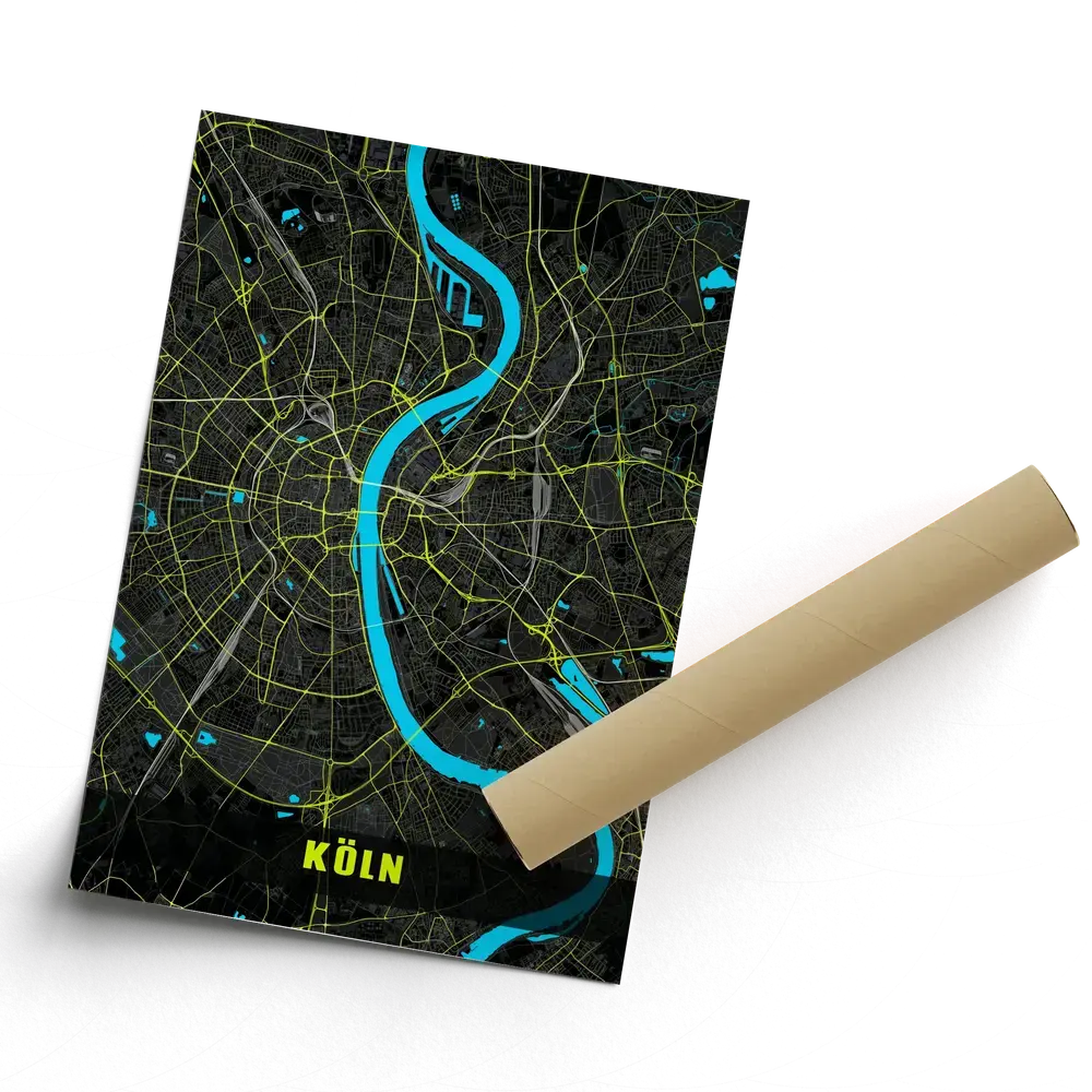 Ungerahmtes Köln-Stadtplanposter in Neonfarben auf dunklem Grund, schräg gezeigt mit eingerollter Ecke