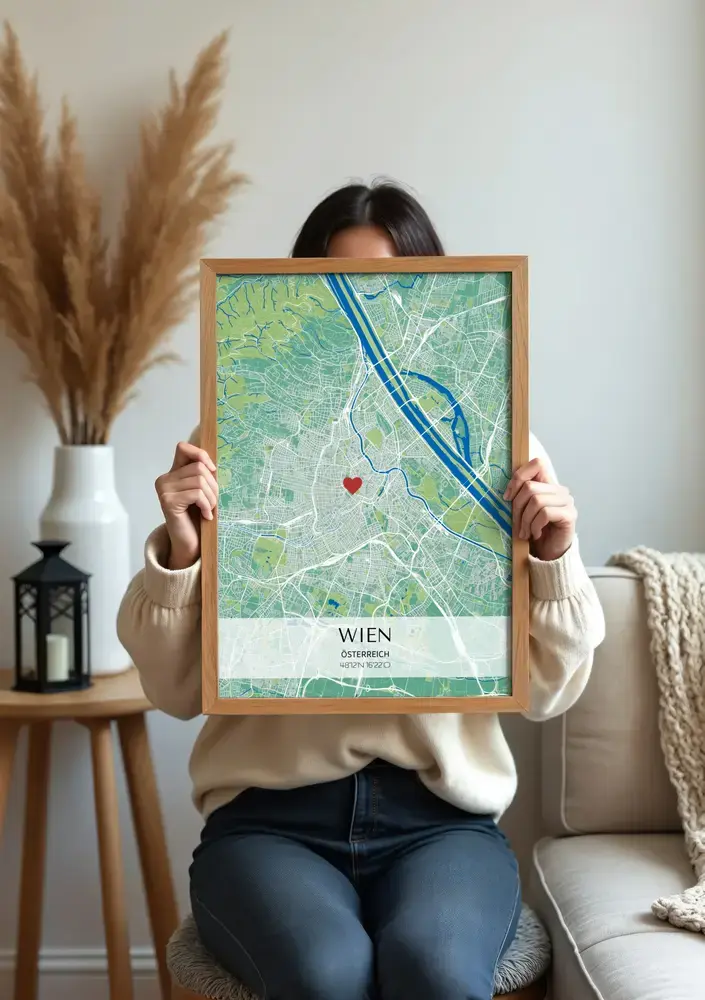 Personalisiertes Stadtposter in Grün-Blau mit Herzmarkierung, im Naturholzrahmen vor einem Sofa
