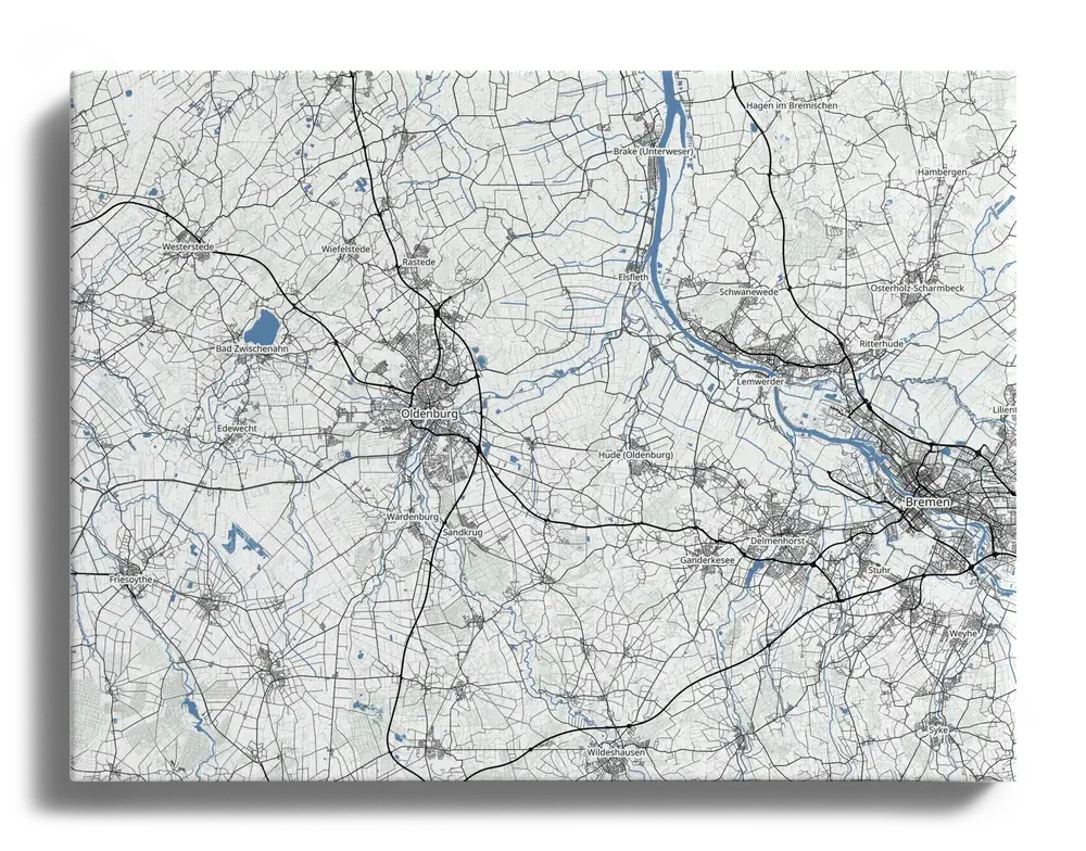 Gepersonaliseerde landkaart op canvas zonder witrand, met grijze wegen en blauwe rivieren in liggend formaat