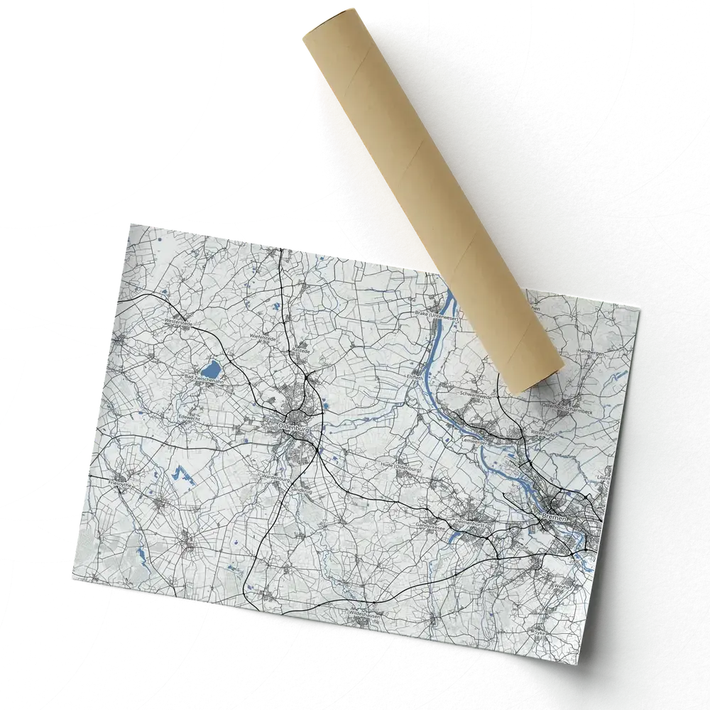 Gepersonaliseerde landkaart als poster met grijze wegen en blauwe rivieren, schuin naast een verzendkoker