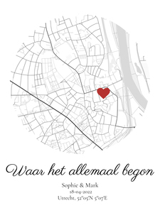 Vier jullie liefde: gepersonaliseerde stadkaart in rond formaat met naam en datum