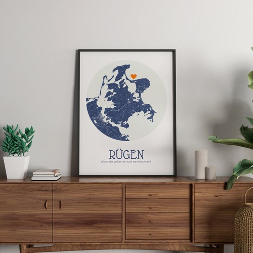 Personaliseer jouw Rügen poster: kringvorm, maritime kleuren en unieke markering!